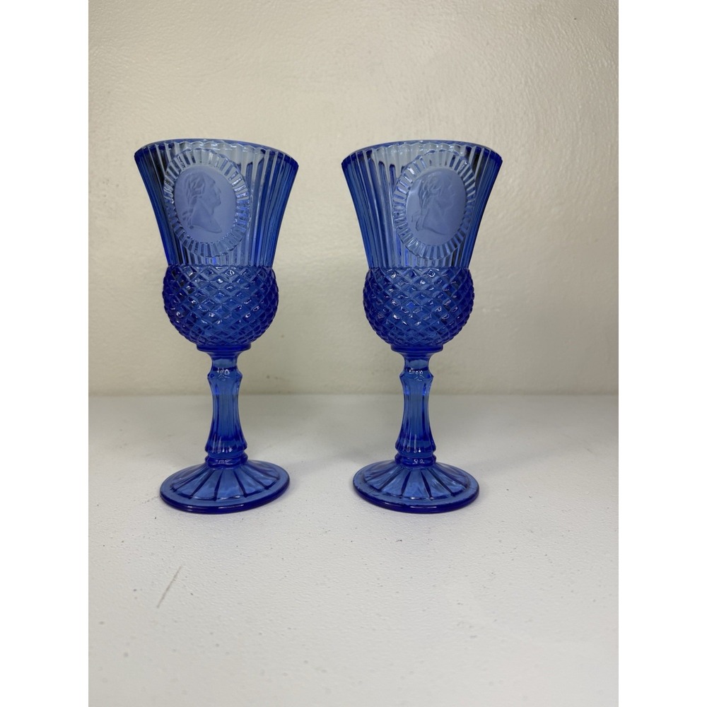 Vintage 1976 Avon Fostoria Cobalt Blue George Washington 8" Goblet Set of 2